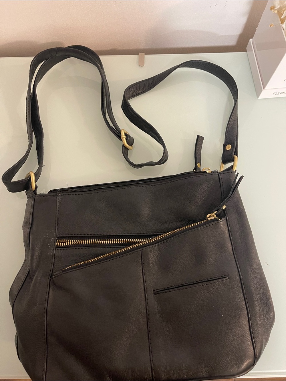 Black Leather Crossbody Bag with Gold Hardware